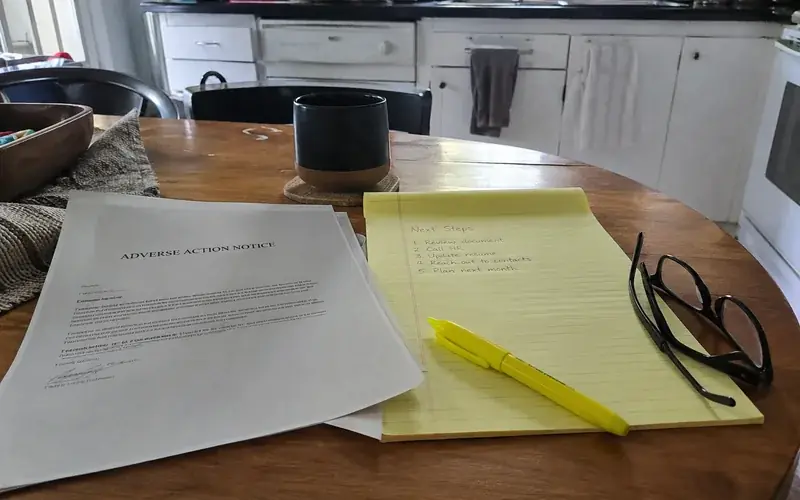 Adverse action notice and a highlighter on a kitchen table beside a notepad listing next steps