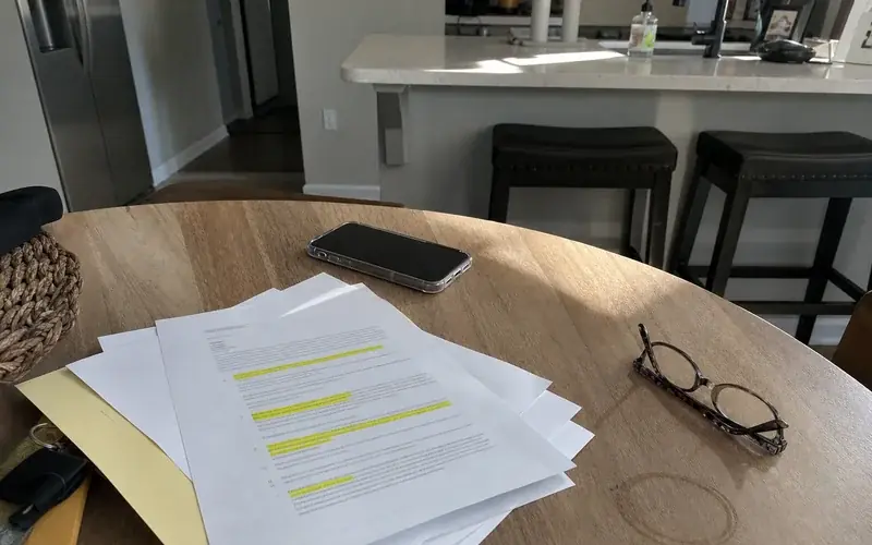 Approval letter with conditional terms highlighted beside a phone on a kitchen table