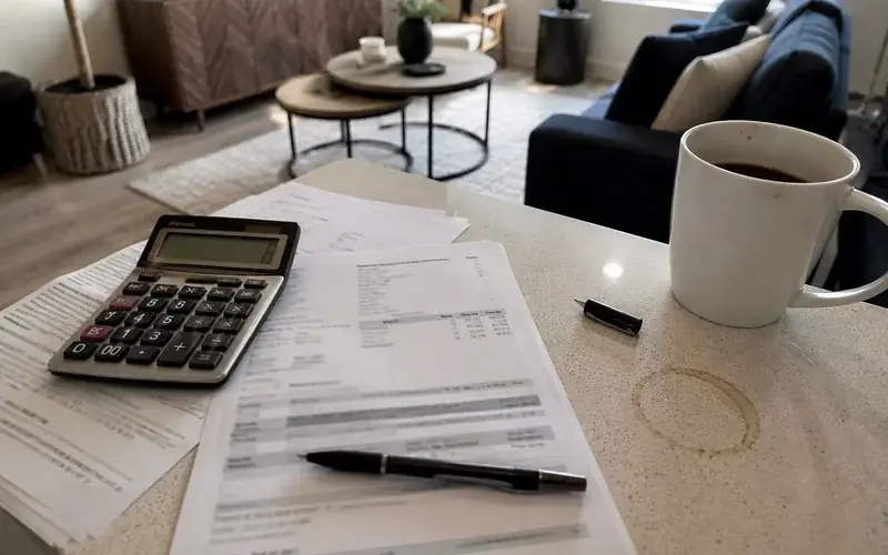 Calculator and a bank statement on a desk beside a printed lease quote