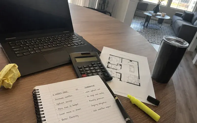 Calculator and notepad comparing a six weeks free concession against a guarantor premium
