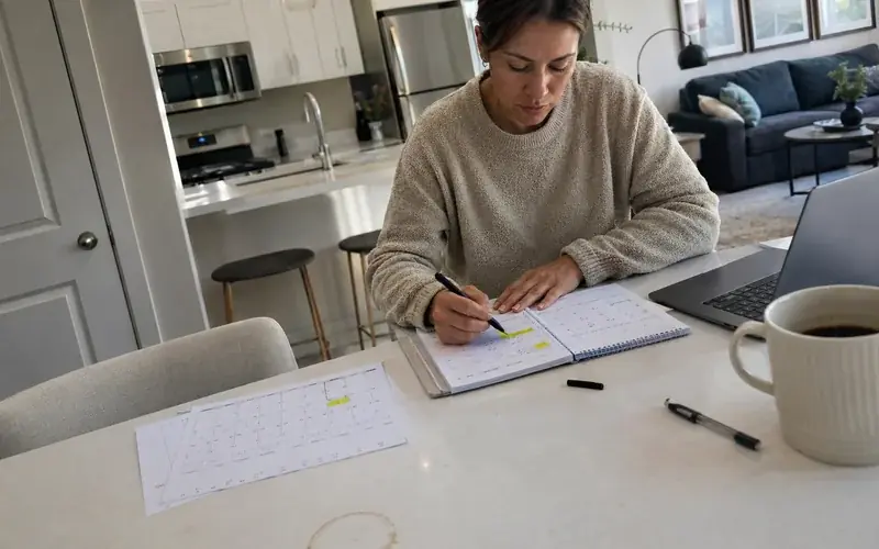 Calendar pages and a highlighted case date on a notepad beside a laptop