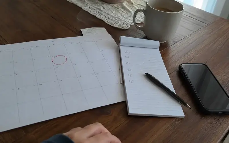 Calendar with a circled move-in date beside a notepad of options and a coffee cup