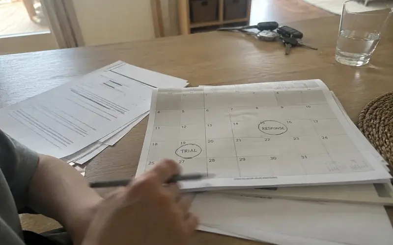 Calendar with response and trial dates circled beside printed paperwork on a kitchen table
