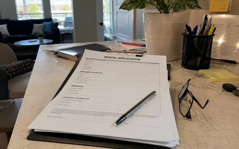 Close-up of a rental application clipboard on a leasing office countertop
