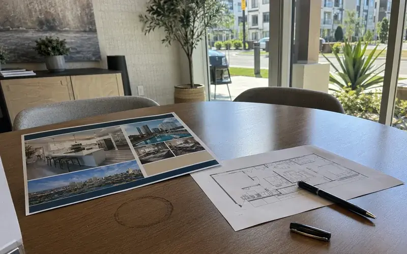 Concession flyer and a floor plan printout on a leasing office table beside a pen