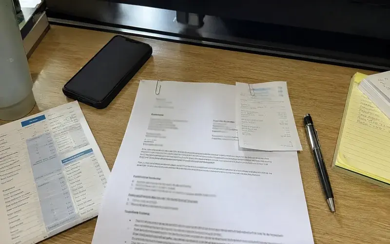 Employment offer letter and printed pay stubs paperclipped on a desk beside a pen