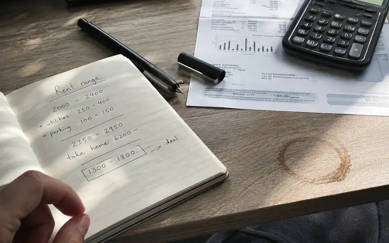 Handwritten rent range calculation on a notepad beside a utility bill and a calculator