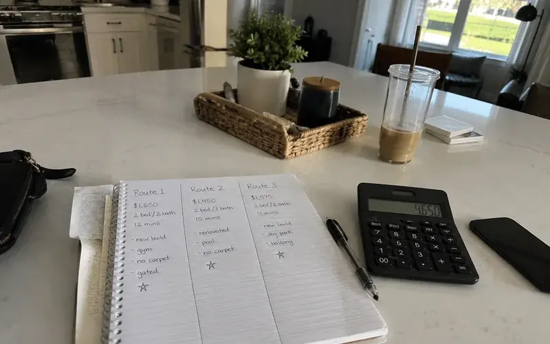 Handwritten three-route comparison on a notepad beside a calculator and a phone