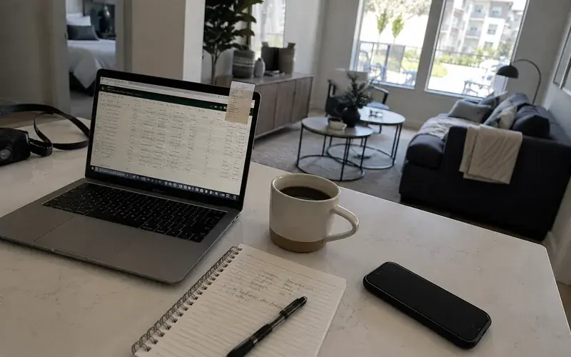 Laptop open to a property criteria spreadsheet beside a coffee cup and a notepad
