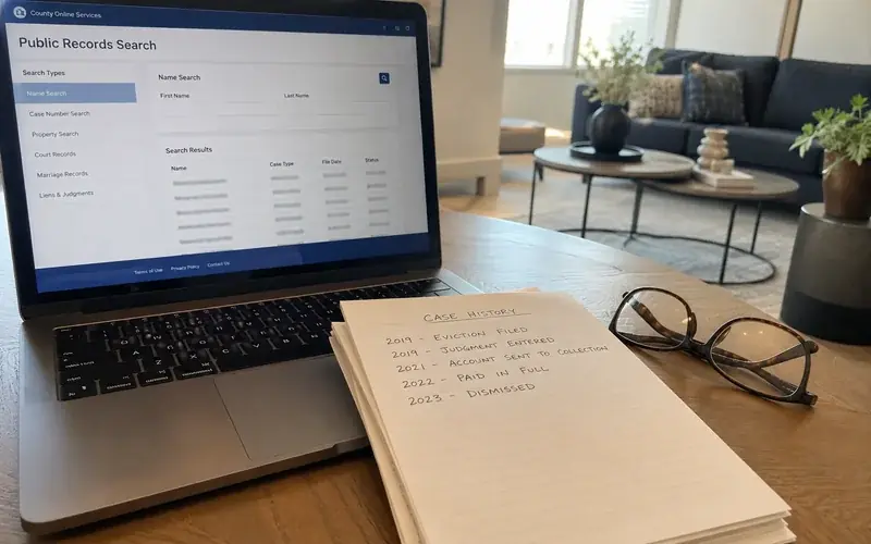 Laptop showing a county public records search page beside a notepad with handwritten case dates