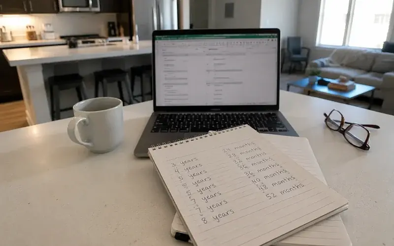 Notepad listing property lookback windows in years beside a laptop and a coffee cup