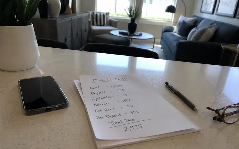 Notepad with move-in cost figures and a phone on a countertop in natural light
