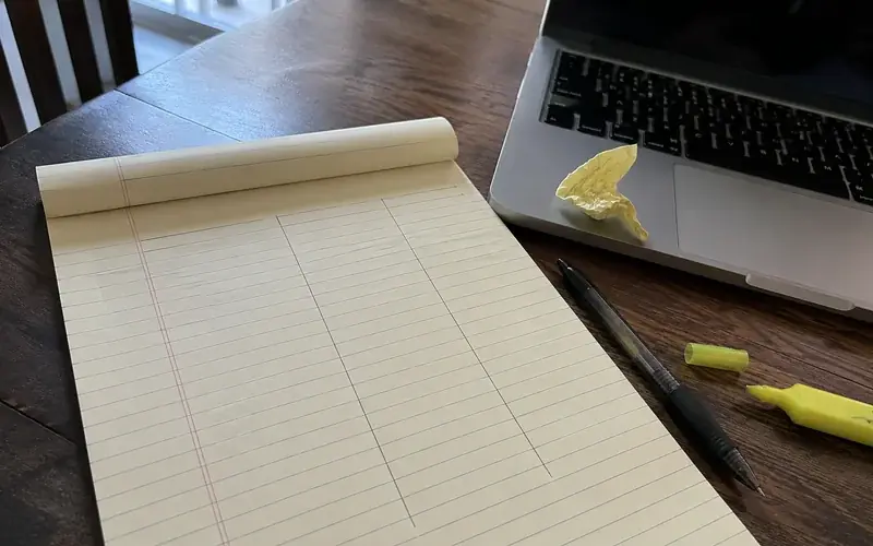 Notepad with three headed columns sorting properties by balance policy beside a pen
