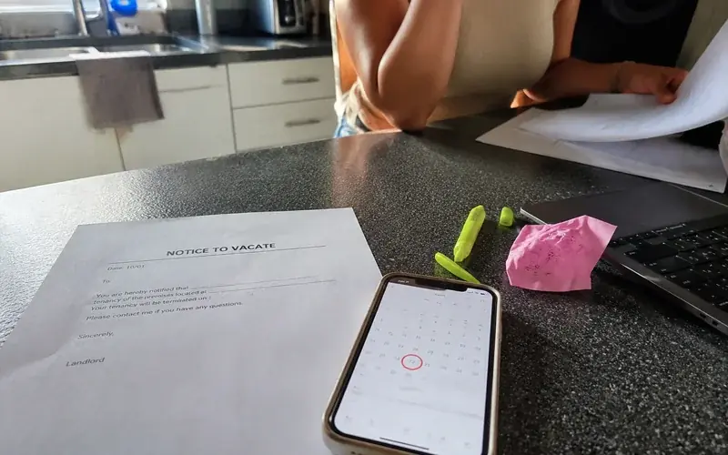 Notice to vacate letter on a kitchen counter beside a phone showing a calendar with a circled date