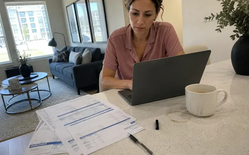 Person at a laptop with bank statements open beside them, unposed