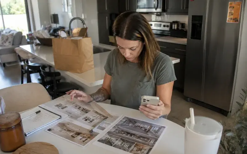 Person comparing printed apartment listings spread across a kitchen table with a phone in hand