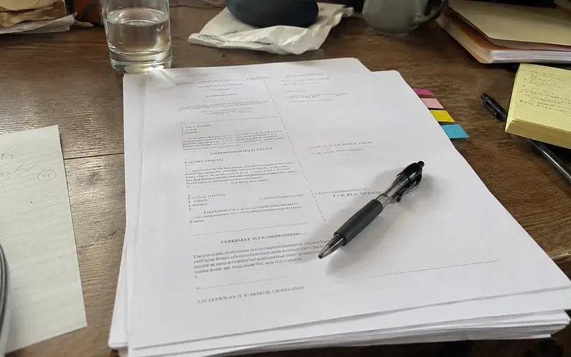 Printed court record pages on a desk with a pen and everyday clutter around them