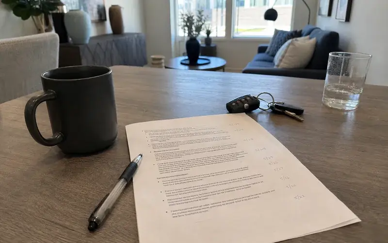 Printed criteria notes with handwritten dates in the margin beside a pen and a coffee cup