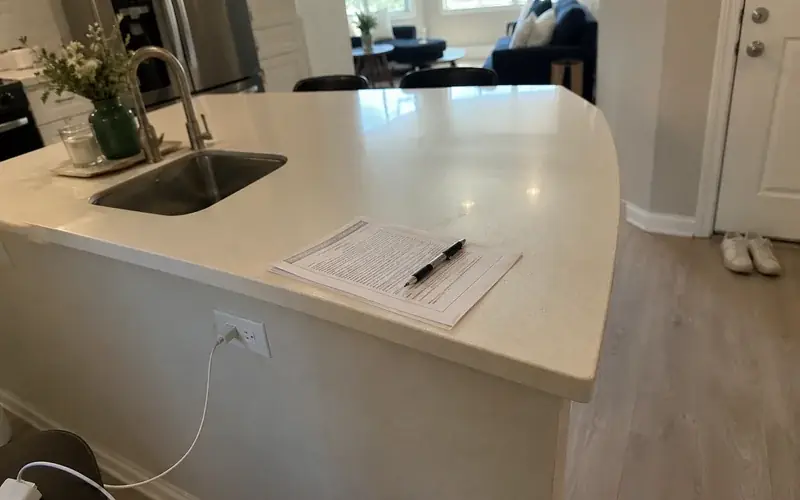 Printed payment agreement with a pen resting on a laminate kitchen counter