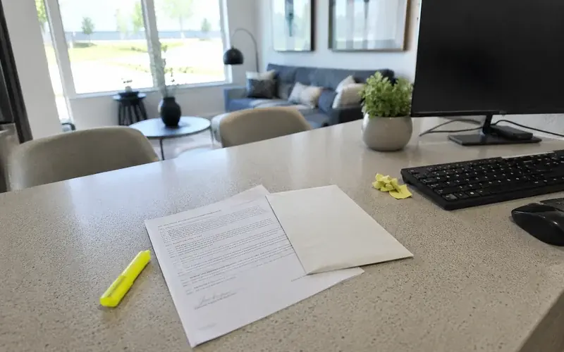 Signed settlement letter and an envelope on a laminate countertop in a home setting