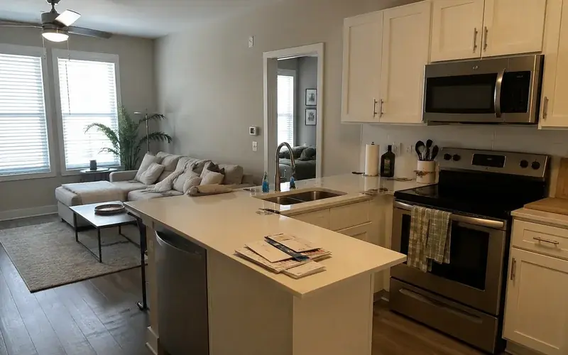 Small apartment interior with beige walls, white blinds, and sparse furniture
