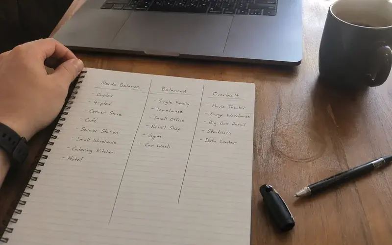 Three labeled columns handwritten on a notepad sorting properties by balance posture