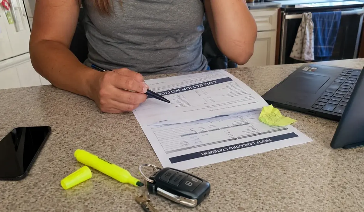 Collection notice and prior landlord statement on a Fort Worth kitchen counter beside a phone