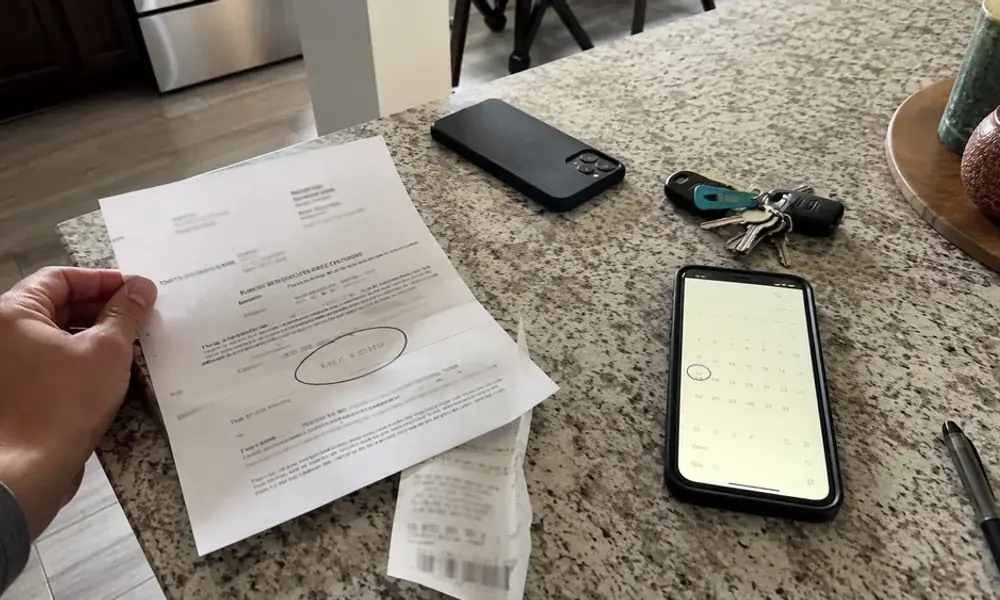 Tarrant County court notice with a circled eviction deadline beside a phone calendar and apartment keys
