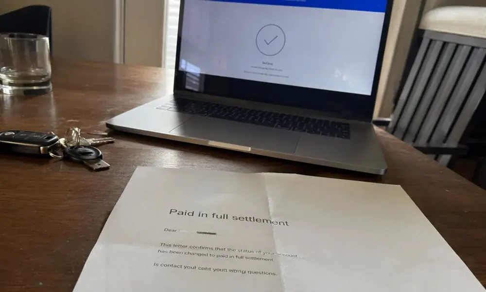 Paid-in-full settlement letter from a Tarrant County landlord on a desk beside a laptop