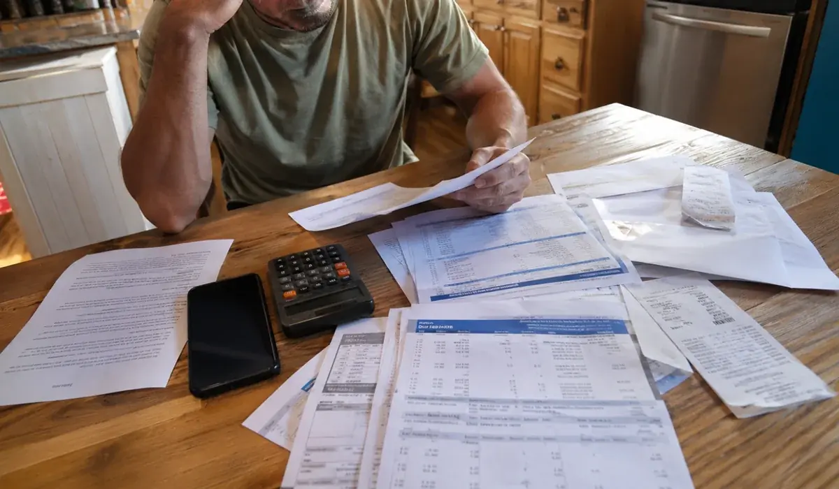Pay stubs and VA award letter on a Fort Worth kitchen table next to a calculator for rent qualification