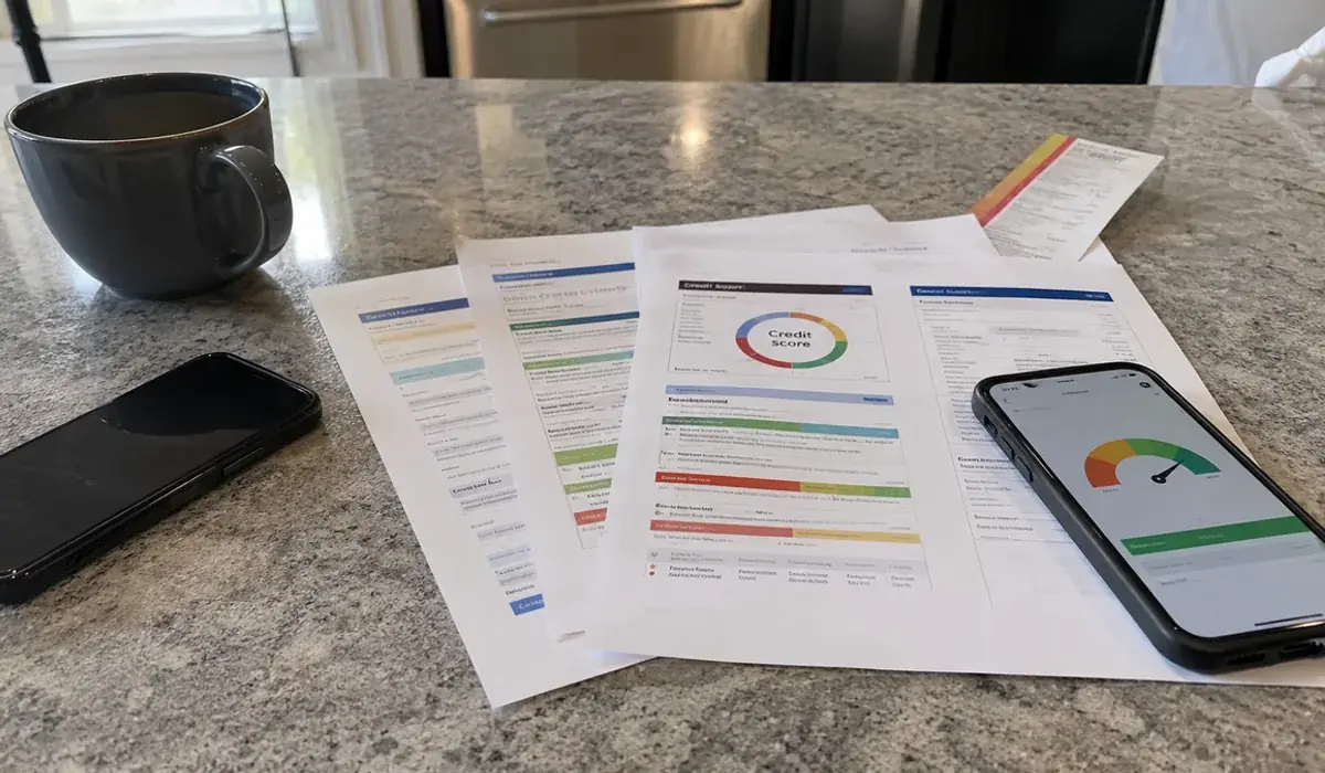Printed credit report pages and a phone showing a screening score on a kitchen counter