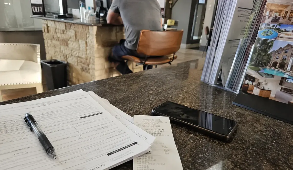 Rental application forms for a felony friendly apartment on a Fort Worth leasing office counter