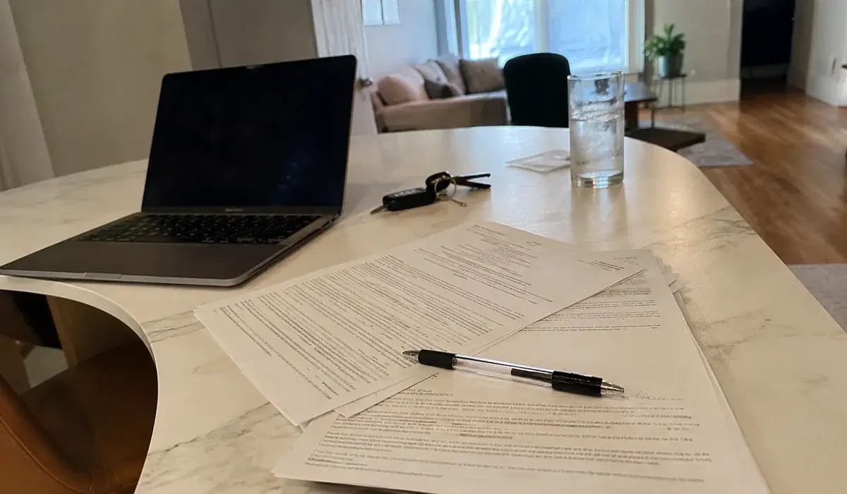 Signed lease paperwork and a pen on a leasing office table next to a laptop